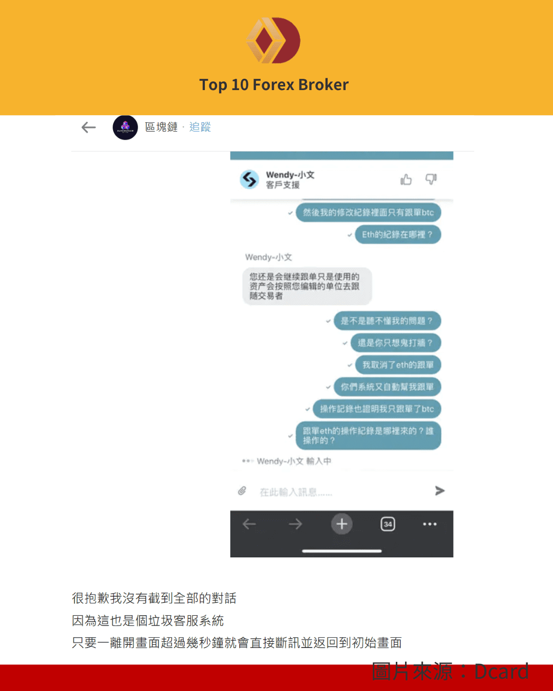 Dcard 社群上關於 Bitget 客服回覆快但無法解決問題的貼文