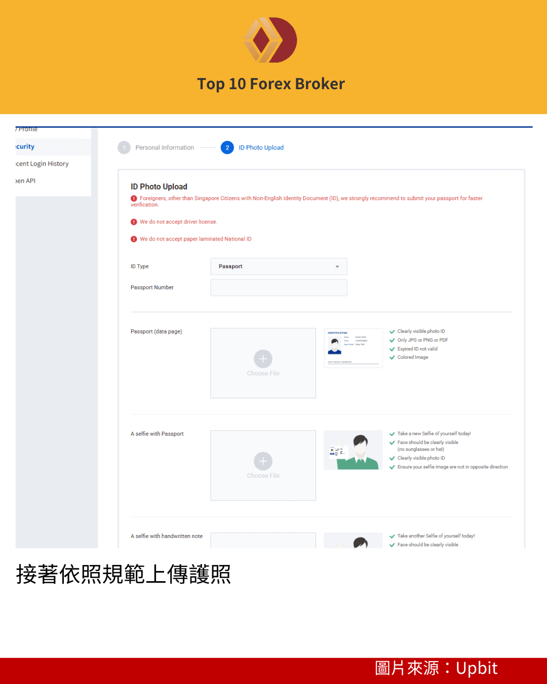 Upbit 註冊需上傳護照示意圖