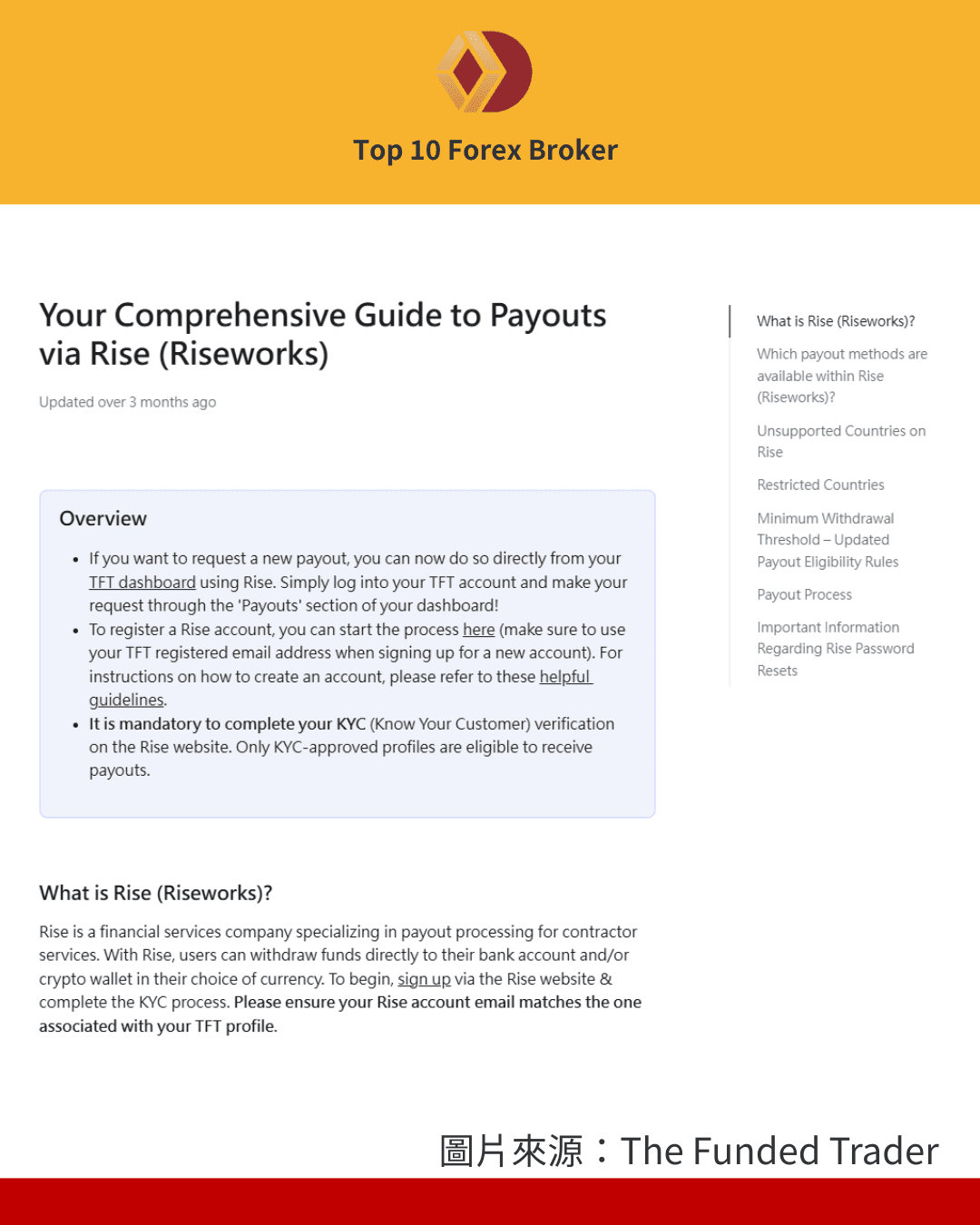 The Funded Trader 目前官方聲明出金主流方式為 Rise