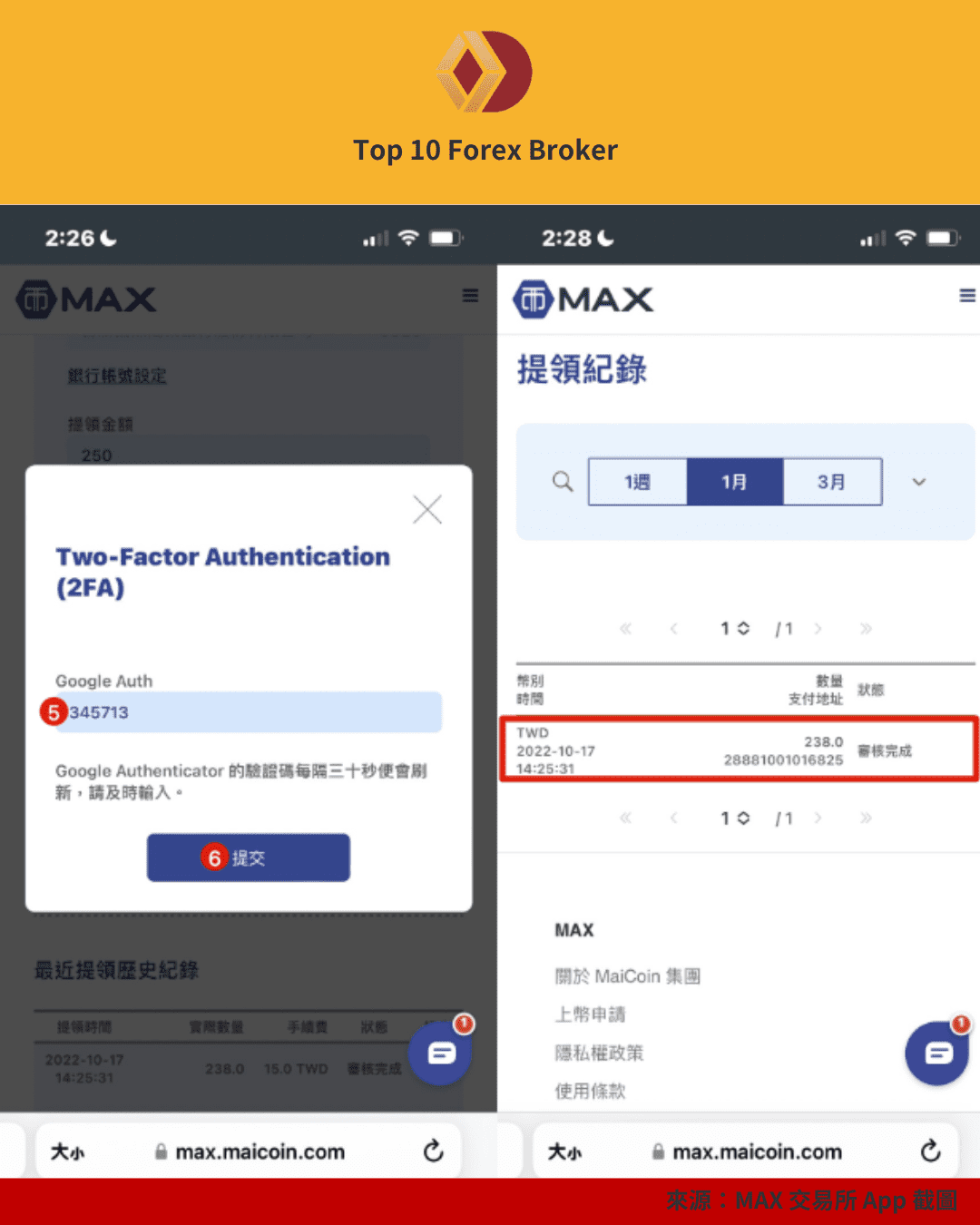 MAX 出金驗證與提領紀錄畫面