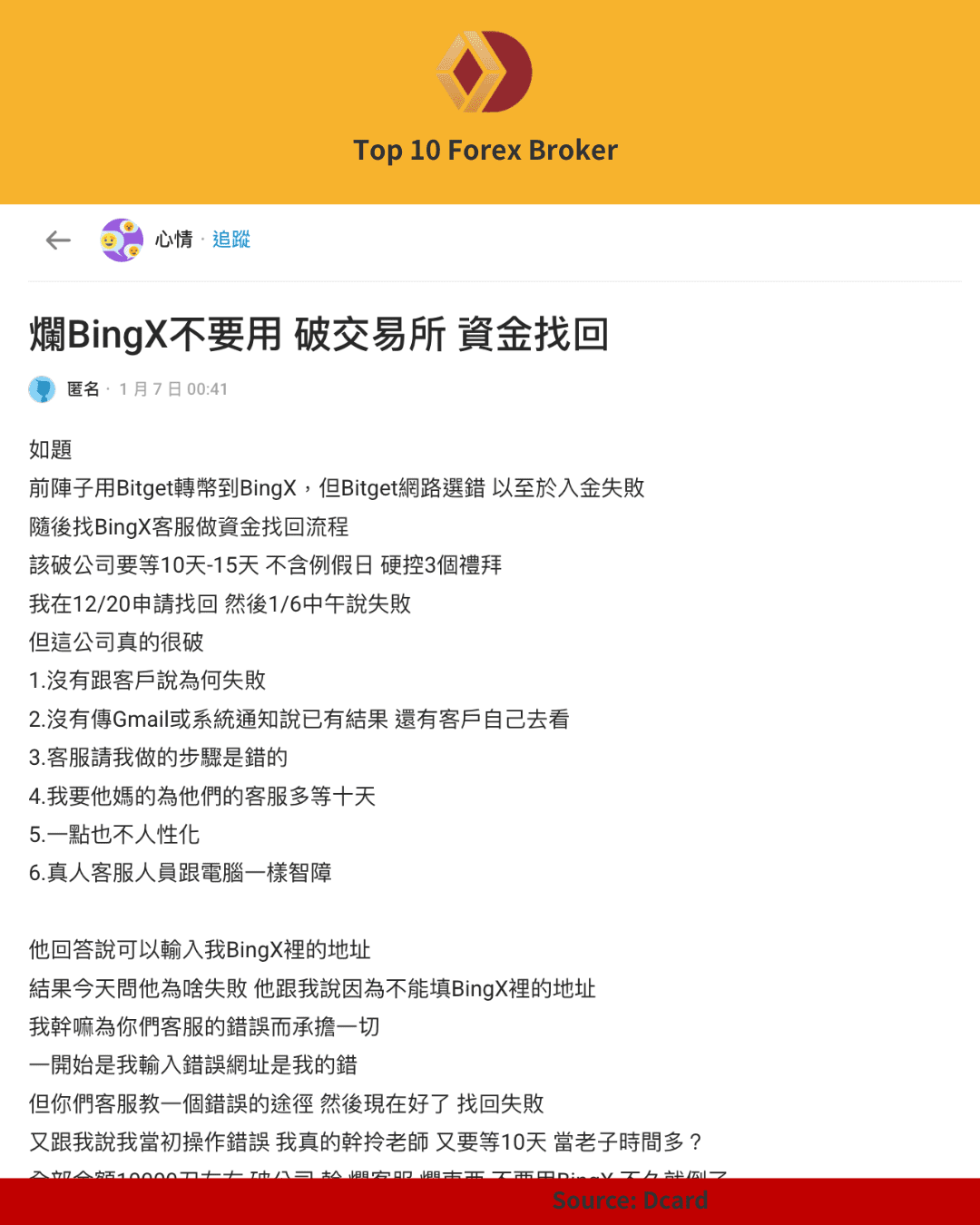 BingX 平台入金失敗與客服問題