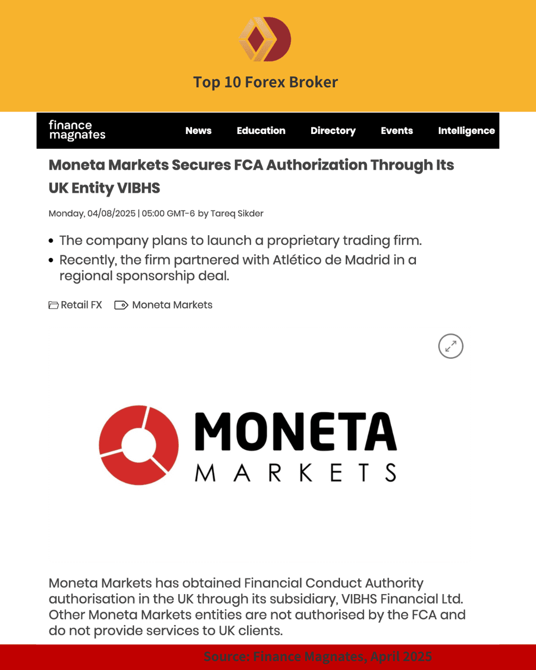 Finance Magnates article announcing Moneta Markets’ FCA authorization