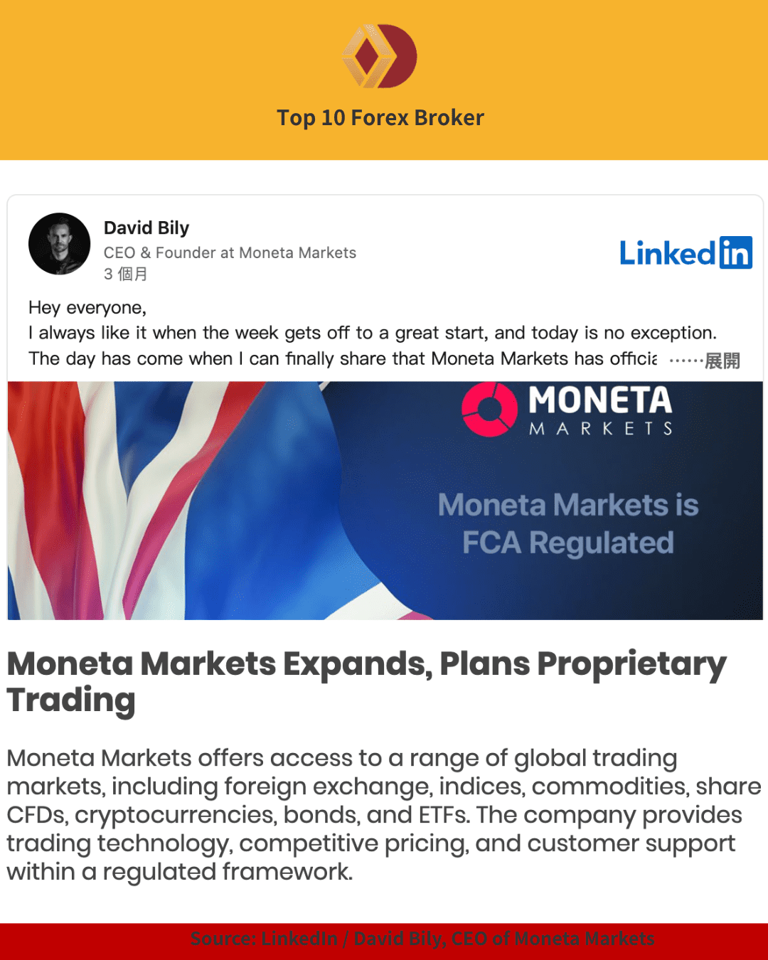 LinkedIn post by Moneta Markets CEO 