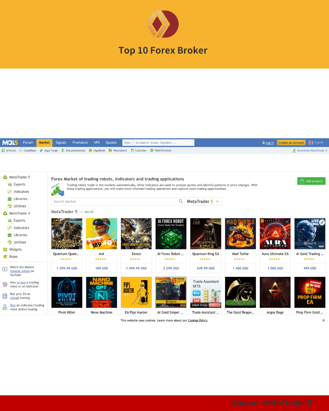 MQL5 marketplace interface displaying forex trading robots and indicators.